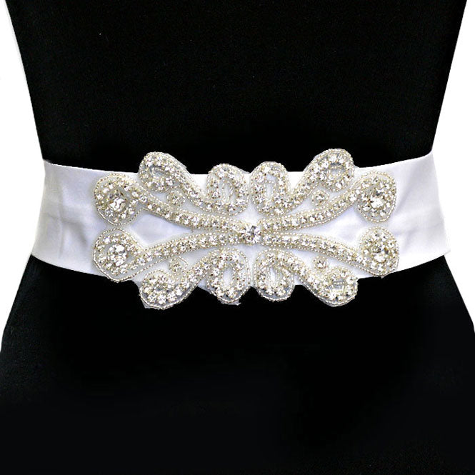 Clear White Bridal Wedding Crystal & Bead Ribbon Belt Headband. A timeless selection, this  Crystal  Belt is exceptionally elegant, adding an exquisite detail to your wedding dress or tie it on your hair for a glamorous, beautiful self tie headband elevating your hairstyle on your super special day. Crystal applique is placed delicately on white organza ribbon, long enough to fit comfortably around your waist.