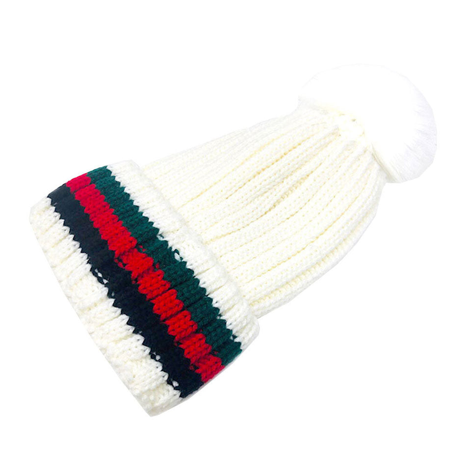 Ivory Color Block Knit Pom Pom Beanie Hat. before running out the door into the cool air, you’ll want to reach for this toasty beanie to keep you incredibly warm. Accessorize the fun way with this pom pom hat, it's the autumnal touch you need to finish your outfit in style. Awesome winter gift accessory!