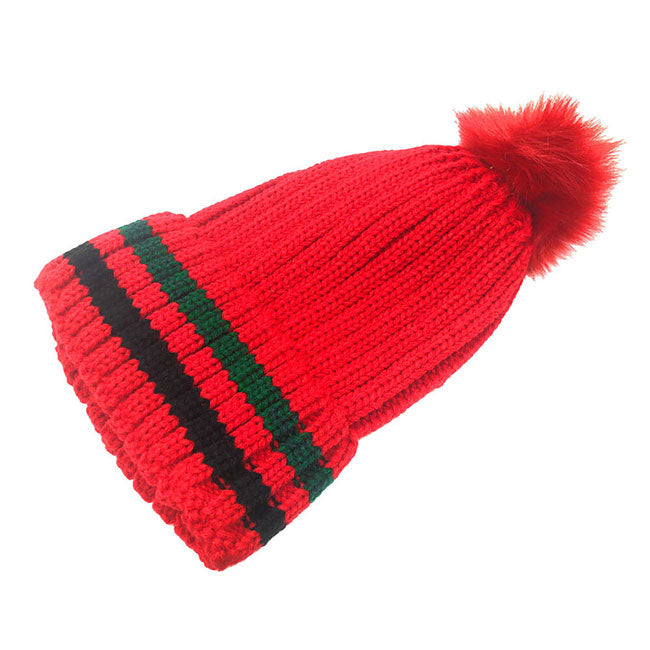 Red Color Block Knit Pom Pom Beanie Hat. before running out the door into the cool air, you’ll want to reach for this toasty beanie to keep you incredibly warm. Accessorize the fun way with this pom pom hat, it's the autumnal touch you need to finish your outfit in style. Awesome winter gift accessory!