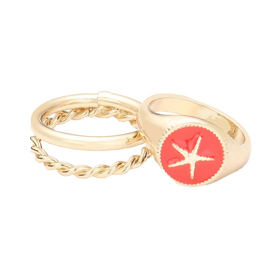 Coral 2PCS Starfish Accented Enamel Round Split Metal Stylish Mixed Rings; these beautiful metal rings show off your trendsetting style; show your fashion sense with this high-polish ring set with enamel starfish detail, etched and polished design. Perfect for Birthdays, Anniversary, Mother's Day, Vacation, Just Because Gift
