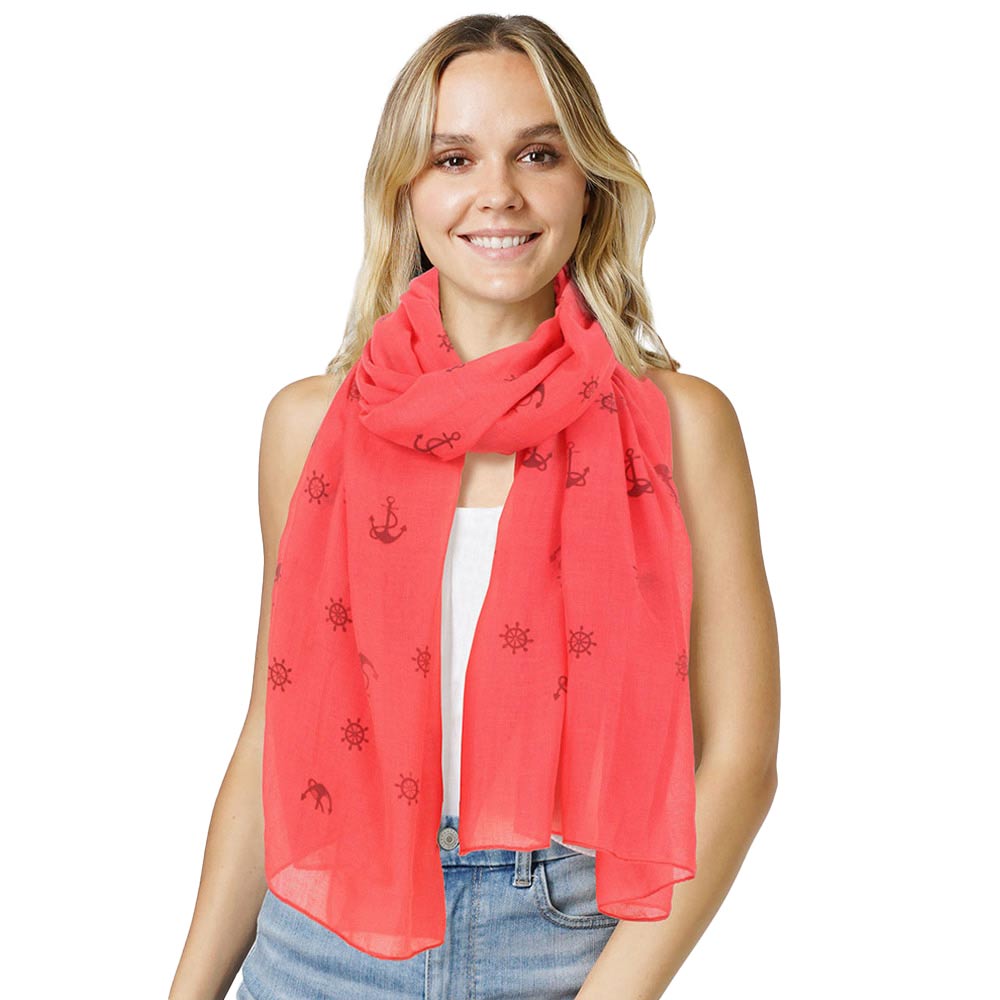 Coral Anchor Patterned Scarf, your neck deserves something better than cheap fabrics.  This lightweight patterned scarf features an anchor-patterned design. It's a design that gives any outfit a unique look. Can even be used as a beach bathing suit wrap. you will receive a lot of compliments on it. Excellent quality and perfect size you will absolutely love this scarf. Attending a party, meeting family, traveling, or at work.