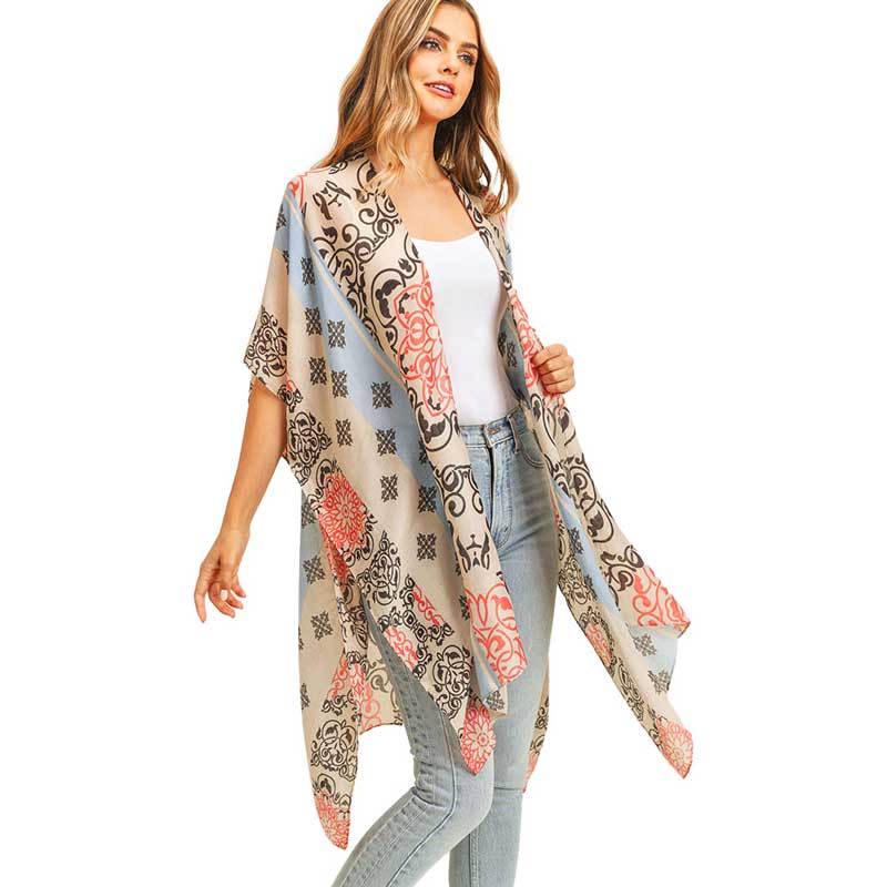 Coral Bohemian Patterned Cover Up Kimono Poncho. Lightweight and soft brushed fabric exterior fabric that make you feel more warm and comfortable..Great for hanging out, daily wear, vacation, travel, shopping, holiday attire, office, work, fall, spring, winter. Perfect Gift for Wife, Mom, Birthday, Holiday, Anniversary,