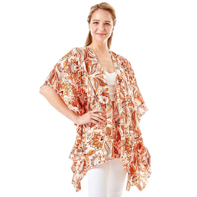 Coral Floral Paisley Printed Ruffle Sleeves Cover Up Kimono Poncho, This Poncho is Soft, Lightweight and Breathable Fabric, Close to Skin, Comfortable to Wear. Sophisticated, flattering and cozy, this Poncho drapes beautifully for a relaxed, pulled-together look. Suitable for Weekend, Work, Holiday, Beach, Party, Club, Night, Evening, Date, Casual and Other Occasions in Spring, Summer and Autumn.