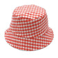 Coral Polyester Houndstooth Patterned Bucket Hat, this bucket hat doubles as a rain hat and is snug on the head and stays on well. It will work well to keep the rain off the head and out of the eyes and also the back of the neck. Wear it to lend a modern liveliness above a raincoat on trans-seasonal days in the city.