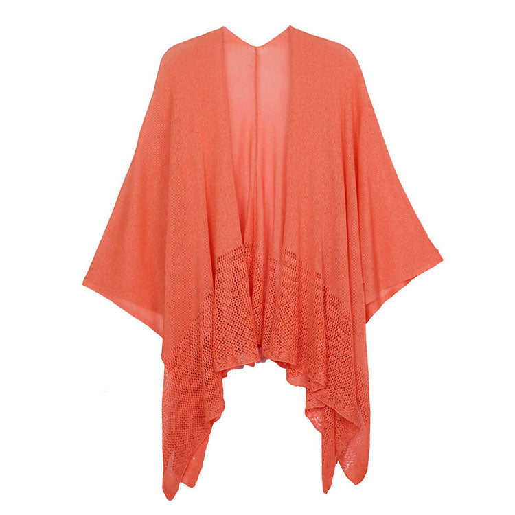 Coral Solid Knitted Mesh Trimmed Ruana , the perfect accessory, luxurious, trendy, super soft chic capelet, keeps you warm and toasty. You can throw it on over so many pieces elevating any casual outfit! Perfect Gift for Wife, Mom, Birthday, Holiday, Christmas, Anniversary, Fun Night Out