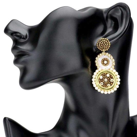 Cream Boho Pearl Metal Ball Trim Dangle Earrings. The perfect assortment of beautiful earrings, pair these glitzy studs with any ensemble for a polished & sophisticated look. Ideal for dates, Birthday Gift, Anniversary Gift, Mother's Day Gift, Graduation Gift, Just Because Gift, Thank you Gift.