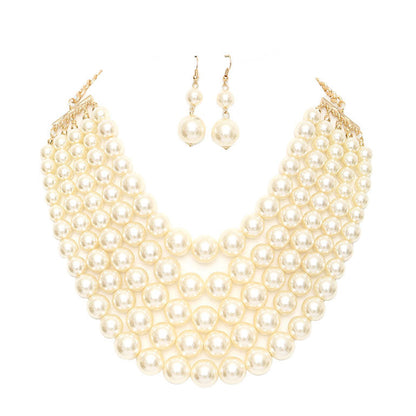 Cream Chunky Multi Strand Pearl Bib Necklace, dare to dazzle with this bejeweled necklace set, designed to accent the neckline, including dangle earrings, which are a perfect way to add sparkle to everything, showing off your elegance. Wear together or separate according to your event. Perfect Gift, Birthday, Anniversary, Prom, Mother's Day Gift, Sweet 16, Wedding, Quinceanera. 