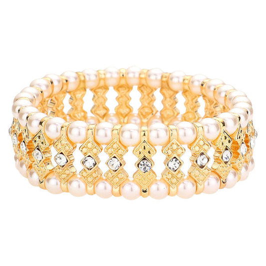 Cream Gold Crystal Rhinestone Pearl Stretch Bracelet. Stunning Pearl bracelet is sure to get you noticed, adds a gorgeous glow to any outfit. Cute pearl stretch and subtle sleek style, just what you need to update your wardrobe. perfect for a night out on the town or a black tie party, ideal for Special Occasion, Prom or an Evening out. Awesome gift for birthday, Anniversary, Valentine’s Day or any special occasion, Thank you Gift.