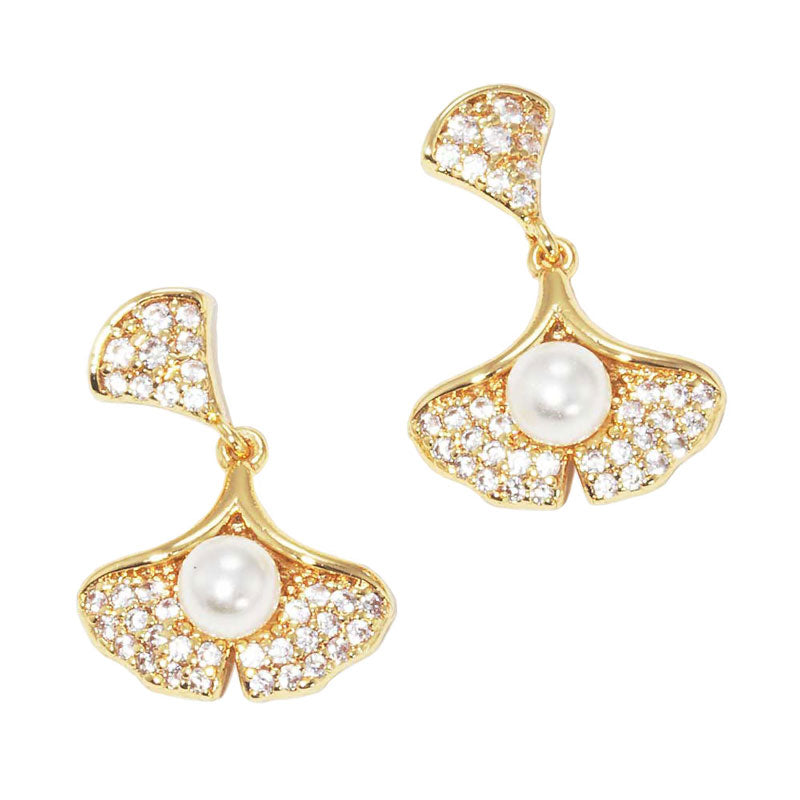 Cream Gold Pearl Accented CZ Gold Dipped Ginkgo Leaf Dangle Earrings. These gorgeous Stone pieces will show your class in any special occasion. Enhance your attire with these vibrant artisanal earrings to show off your fun trendsetting style. Lightweight and comfortable for wearing all day long. Goes with any of your casual outfits and Adds something extra special. Great gift idea for your Loving One.