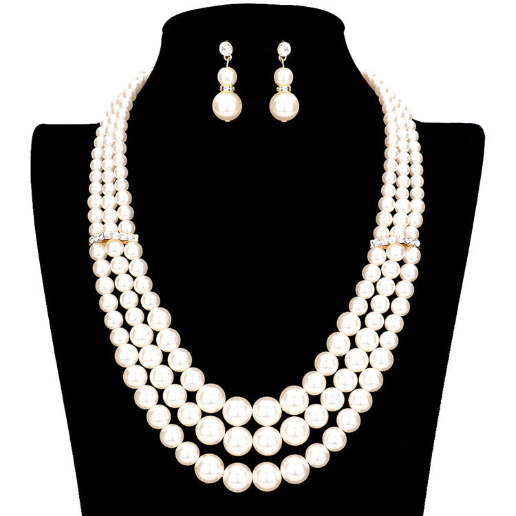 Cream Gold Triple Layer Pearl Strand Necklace, dare to dazzle with this bejeweled necklace set, designed to accent the neckline, including dangle earrings, which are a perfect way to add sparkle to everything, showing off your elegance. Wear together or separate according to your event. Perfect Gift, Birthday, Anniversary, Prom, Mother's Day Gift, Sweet 16, Wedding, Quinceanera. 