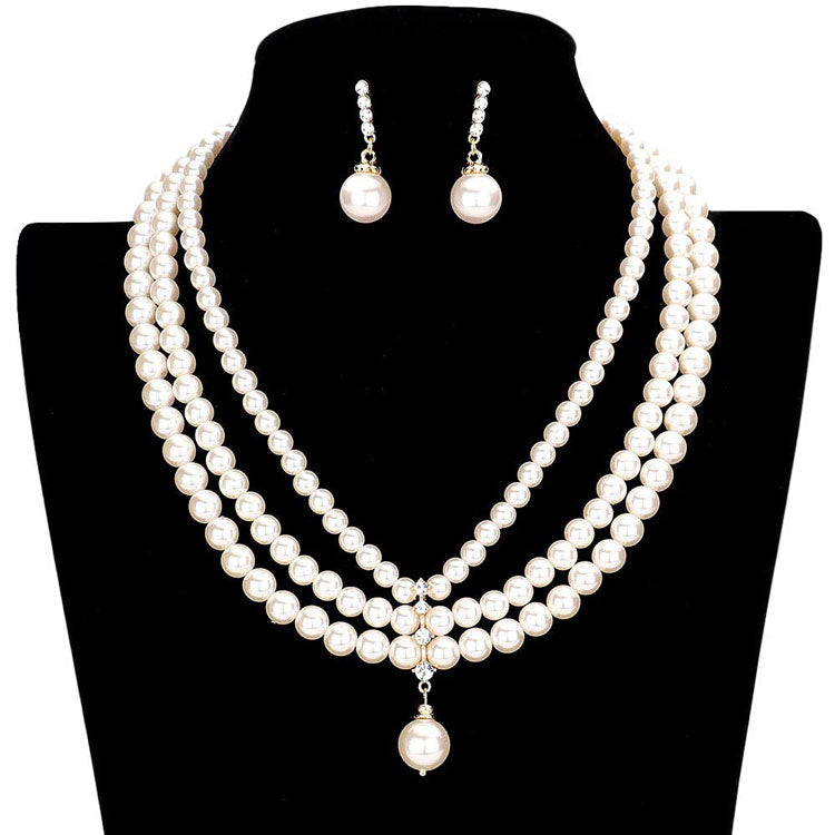 Cream Gold Triple Layered Pearl Necklace. Beautifully crafted design adds a gorgeous glow to any outfit. Get ready with these Pearl Necklace. Perfect for adding just the right amount of shimmer & shine and a touch of class to special events.  Suitable for wear Party, Wedding, Date Night or any special events. Perfect Birthday Gift, Anniversary Gift, Thank you Gift or any special occasion.