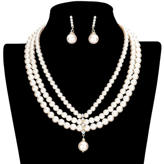 Cream Gold Triple Layered Pearl Necklace. Beautifully crafted design adds a gorgeous glow to any outfit. Get ready with these Pearl Necklace. Perfect for adding just the right amount of shimmer & shine and a touch of class to special events.  Suitable for wear Party, Wedding, Date Night or any special events. Perfect Birthday Gift, Anniversary Gift, Thank you Gift or any special occasion.