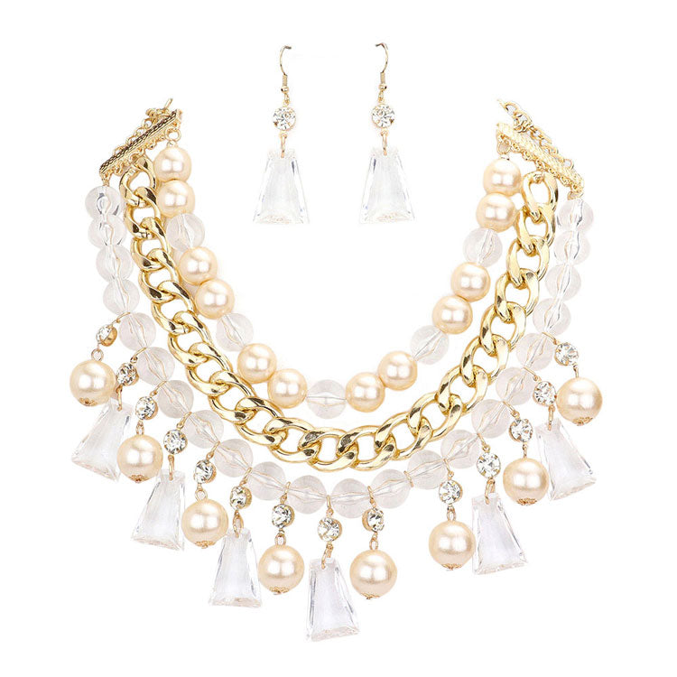 Cream Pearl Lucite Bead Statement Necklace. These gorgeous Pearl pieces will show your class in any special occasion. The elegance of these pearl goes unmatched, great for wearing at a party! Perfect jewelry to enhance your look. Awesome gift for birthday, Anniversary, Valentine‚Äôs Day or any special occasion.