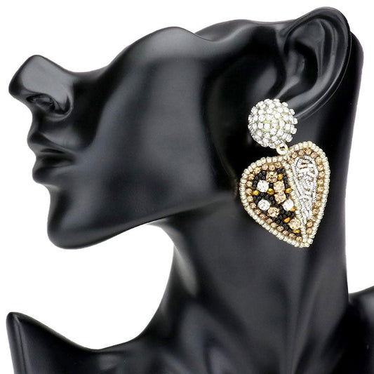 Cream Post Back Stone Embellished Heart Dangle Earrings. Ideal for parties, events, holidays, pair these dangle earrings with any ensemble for a polished look. The perfect set of sparkling earrings adds a sophisticated & stylish glow to any outfit. Ideal for a date, job interview, night out on the town, prom, wedding.