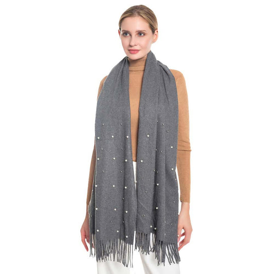 Dark Gray Pearl Embellished Solid Oblong Scarf, delicate, These Winter scarfs for women are elegant, and lightweight and can be added to any outfit to keep up with the latest color trends. Warm, on-trend & fabulous, a luxe addition to any cold-weather ensemble. Lovely pearl decoration makes you look chic and fashionable.