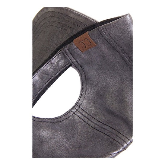 Dark Grey C.C Vintage Style Faux Leather Pom Pom Baseball Cap Summer Sun Hat; comfy cap great for a bad hair day, pull your bun or ponytail thru the back opening, keep hair away from face while exercising, running, playing sports or just taking a walk. Perfect Birthday Gift, Mother's Day Gift, Anniversary Gift, Thank you Gift