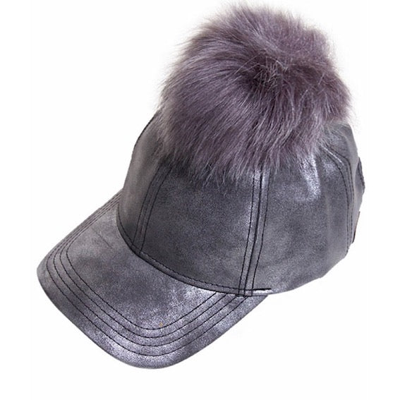 Dark Grey C.C Vintage Style Faux Leather Pom Pom Baseball Cap Summer Sun Hat; comfy cap great for a bad hair day, pull your bun or ponytail thru the back opening, keep hair away from face while exercising, running, playing sports or just taking a walk. Perfect Birthday Gift, Mother's Day Gift, Anniversary Gift, Thank you Gift