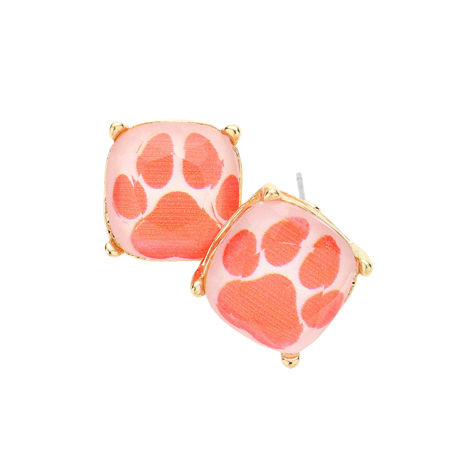 Dark Orange Paw Accented Square Stud Earrings, Animal inspired paw stud earrings fun handcrafted jewelry that fits your lifestyle, adding a pop of pretty color. The beautifully crafted design adds a gorgeous glow to any outfit. Enhance your attire with these vibrant artisanal earrings to show off your fun trendsetting style.