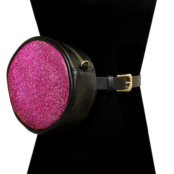 Dark Pink Rhinestone Pave Bling Round Clutch Crossbody Chain Belt Bag Fanny Pack, look like the ultimate fashionista when carrying this small chic bag, great for when you need something small to carry or drop in the bag. Perfect Birthday Gift, Valentine's Day Gift, Anniversary Gift, Love You Gift, Mother's Day Gift, Thank you Gift