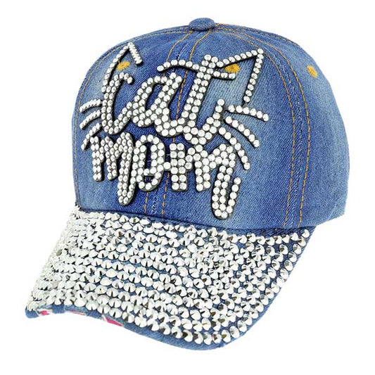 Denim Fashionable Studded Cat Mom Message Denim Baseball Cap, Fun cool Baseball Cap perfect for the mom who is in Charge! Perfect for walks in sun or rain, great for a bad hair day. Soft textured, embroidered message and distressed contrast stitching baseball cap with fun statement will become your favorite cap.