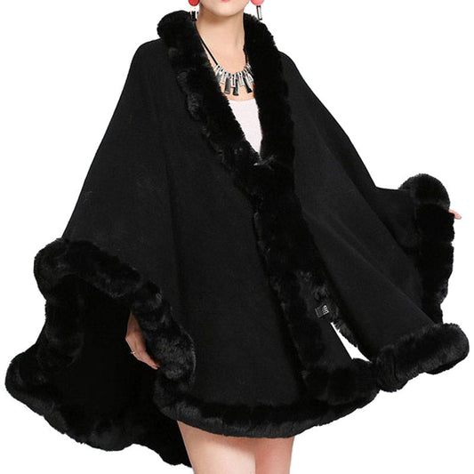 Elegant All-around Faux Fur Trim Poncho Plush Faux Fur Trim Knit Ruana Cape Faux Fur Knit Wrap, the perfect accessory, luxurious, trendy, soft chic cape, keeps you warm & toasty. Throw it on over many pieces to elevate any casual outfit! Perfect Gift Birthday, Anniversary, Christmas, Valentine's Day, Special Occasion