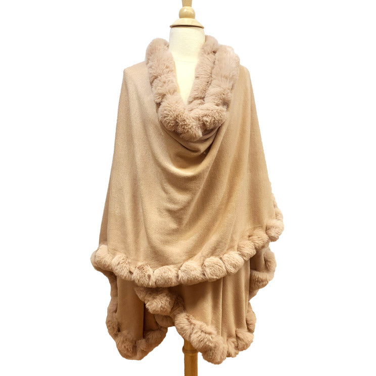 Elegant Faux Fur Trim Knit Poncho Ruana Cape