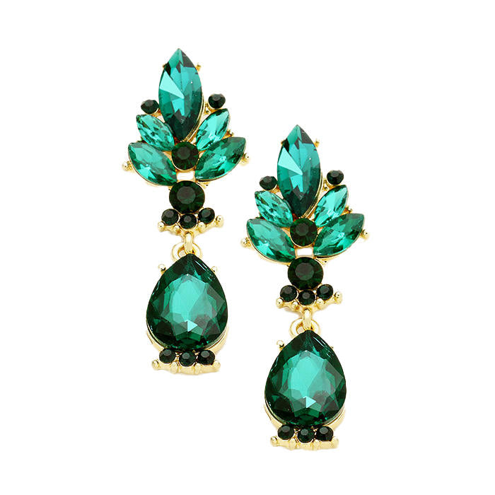 Emerald Gold Marquise Glass Crystal Teardrop Dangle Evening Earrings Set, dare to dazzle with this bejeweled set, designed to accent the face look, crystals dangle earrings, a perfect way to add sparkle, use together or separate per occasion. Perfect Birthday Gift, Anniversary, Prom, Christmas, Special Occasion, Holiday