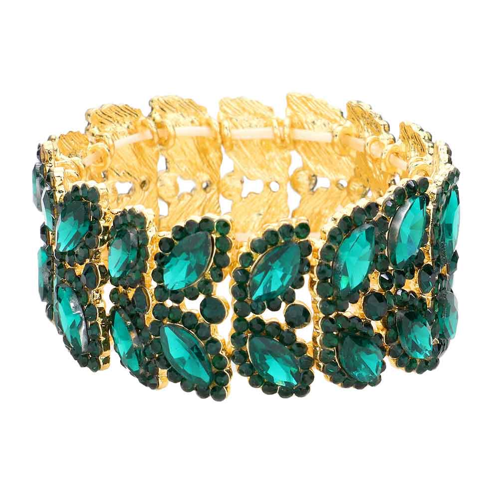 Emerald Marquise Stone Embellished Stretch Evening Bracelet, This Marquise Stretch Bracelet sparkles all around with it's surrounding round stones, stylish stretch bracelet that is easy to put on, take off and comfortable to wear. It looks modern and is just the right touch to set off LBD. Perfect jewelry to enhance your look. Awesome gift for birthday, Anniversary, Valentine’s Day or any special occasion.