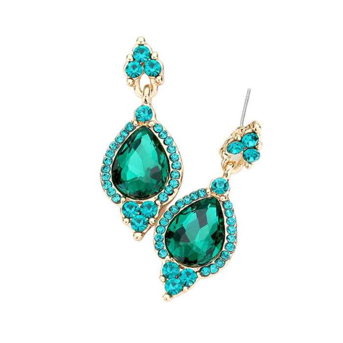 Emerald Post Back Teardrop Centered Dangle Evening Earrings. Get ready with these bright earrings, put on a pop of color to complete your ensemble. Perfect for adding just the right amount of shimmer & shine and a touch of class to special events. Perfect Birthday Gift, Anniversary Gift, Mother's Day Gift, Graduation Gift.