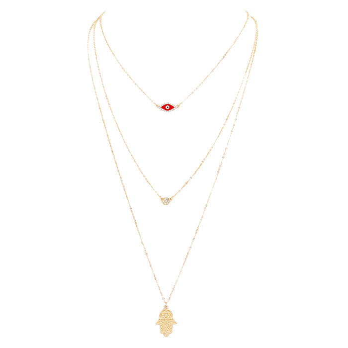 Triple Layered Crystal Evil Eye Hamsa Hand Pendant Necklace, belief says when someone eyes your good fortune with jealousy or gluttony, bad luck in some form is bound to befall you, the evil eye necklace is seen as a symbol to protect & ward off negative energy. Hamsa Hand brings its owner happiness, luck, health & good fortune, wearing this can bring you good luck! Great gift: Vacation, Birthday, Anniversary, Christmas, Just Because, Valentine's, Mother's day, Easter