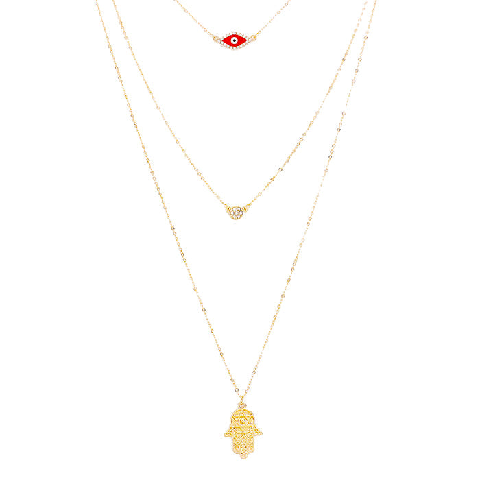 Triple Layered Crystal Evil Eye Hamsa Hand Pendant Necklace, belief says when someone eyes your good fortune with jealousy or gluttony, bad luck in some form is bound to befall you, the evil eye necklace is seen as a symbol to protect & ward off negative energy. Hamsa Hand brings its owner happiness, luck, health & good fortune, wearing this can bring you good luck! Great gift: Vacation, Birthday, Anniversary, Christmas, Just Because, Valentine's, Mother's day, Easter