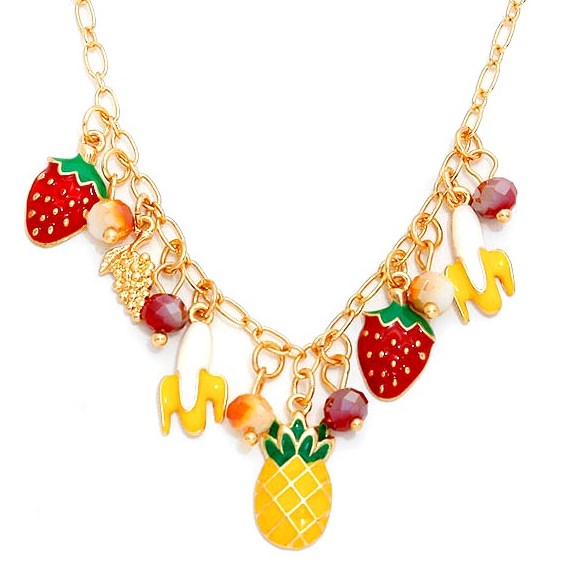 Tropical Fruit Charm Necklace,  this juicy bounty is the Fruits Multi Charm Necklace, a super colorful piece of fun representing way more than your five a day!  Collection: Fruit (Banana, Strawberry, Pineapple)  • Color : Gold, Silver • Necklace Size : 19" + 3" L • Decor Size : 0.8" L