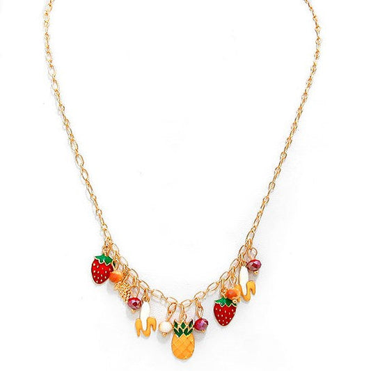 Tropical Fruit Charm Necklace,  this juicy bounty is the Fruits Multi Charm Necklace, a super colorful piece of fun representing way more than your five a day!  Collection: Fruit (Banana, Strawberry, Pineapple)  • Color : Gold, Silver • Necklace Size : 19" + 3" L • Decor Size : 0.8" L