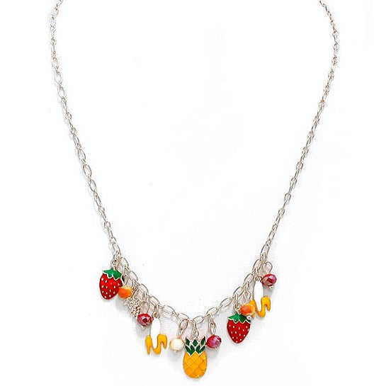 Tropical Fruit Charm Necklace,  this juicy bounty is the Fruits Multi Charm Necklace, a super colorful piece of fun representing way more than your five a day!  Collection: Fruit (Banana, Strawberry, Pineapple)  • Color : Gold, Silver • Necklace Size : 19" + 3" L • Decor Size : 0.8" L