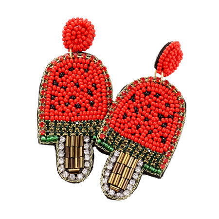 Red Seed Bead Watermelon Popsicle Earrings handcrafted jewelry adds a pop of pretty color, these vibrant artisanal earrings show off your fun trendsetting style. Perfect Birthday Gift, Mother's Day Gift, Anniversary Gift, Thank you Gift, Graduation, Prom, Sweet 16, Quinceañera, Red Popsicle Watermelon Earrings 