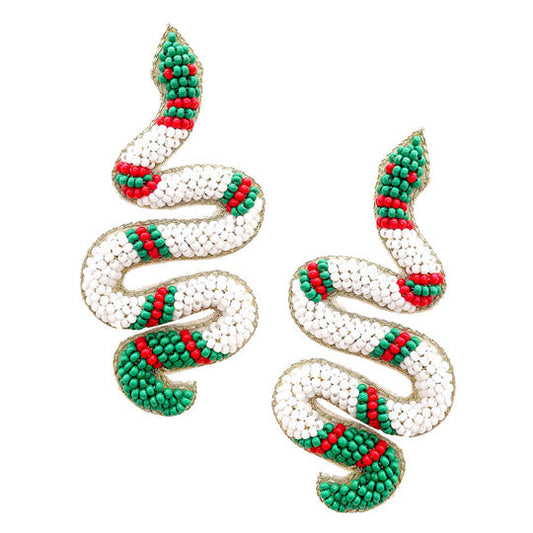Felt Back Seed Beaded Snake Earrings Seed Bead Snake Earrings handcrafted jewelry adds a pop of pretty color, sequin, beaded embroidered bright artisanal earrings show off your fun trendsetting style. Perfect Birthday Gift, Anniversary Gift, Thank you Gift, Graduation, Prom, Sweet 16, Quincea√±era, Date Night