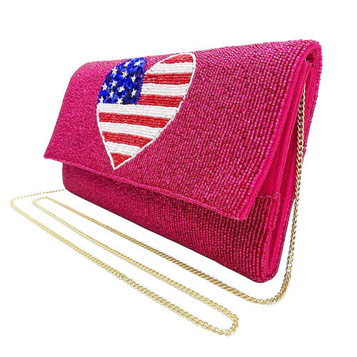 Fuchsia American USA Flag Heart Seed Beaded Clutch Crossbody Bag. Look like the ultimate fashionista when carrying this small chic bag, great for when you need something small to carry or drop in your bag. Keep your keys handy & ready for opening doors as soon as you arrive. Perfect Birthday Gift, Anniversary Gift, Mother's Day Gift.