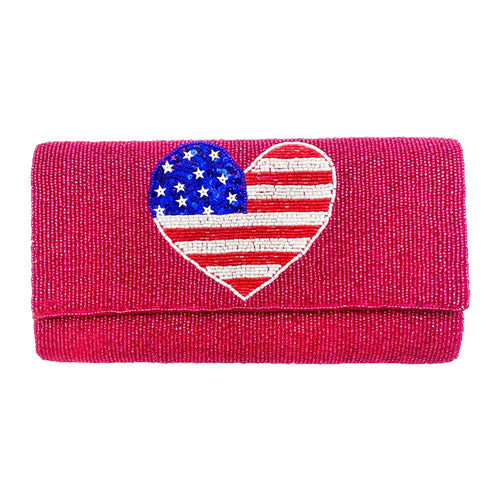 Fuchsia American USA Flag Heart Seed Beaded Clutch Crossbody Bag. Look like the ultimate fashionista when carrying this small chic bag, great for when you need something small to carry or drop in your bag. Keep your keys handy & ready for opening doors as soon as you arrive. Perfect Birthday Gift, Anniversary Gift, Mother's Day Gift.