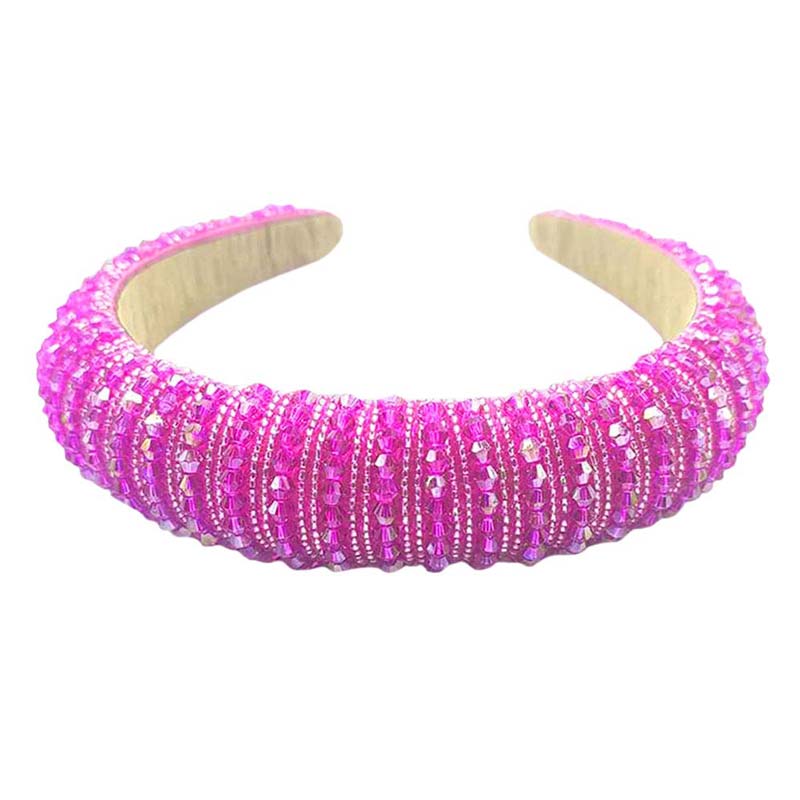Fuchsia Bicone Beaded Padded Headband, sparkling placed on a wide padded headband making you feel extra glamorous especially when crafted from bicone beaded velvet. Push back your hair with this pretty plush headband, spice up any plain outfit! Be ready to receive compliments. Be the ultimate trendsetter wearing this chic headband with all your stylish outfits!