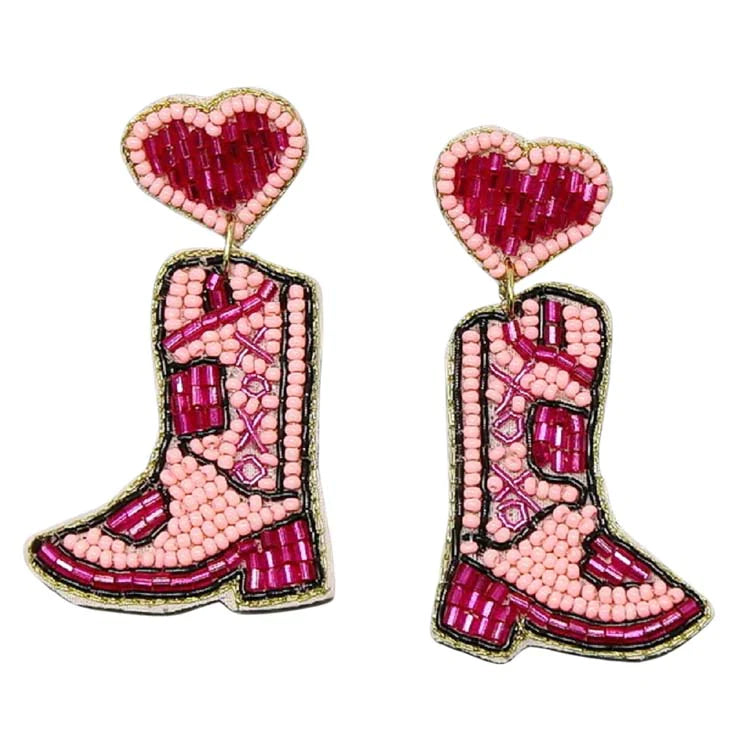 Fuchsia Cowgirl Boots With Heart Seed Bead Earrings, These boots earrings feature a cool, decidedly chic, and always fun. The seed bead earrings combine feminine boots and cowgirl silhouette with a palette crafted entirely of seed beads. Fun handcrafted jewelry that fits your lifestyle adding a pop of pretty color. It is so comfortable to wear these lightweight cute earrings pair for every day of Valentine's week.