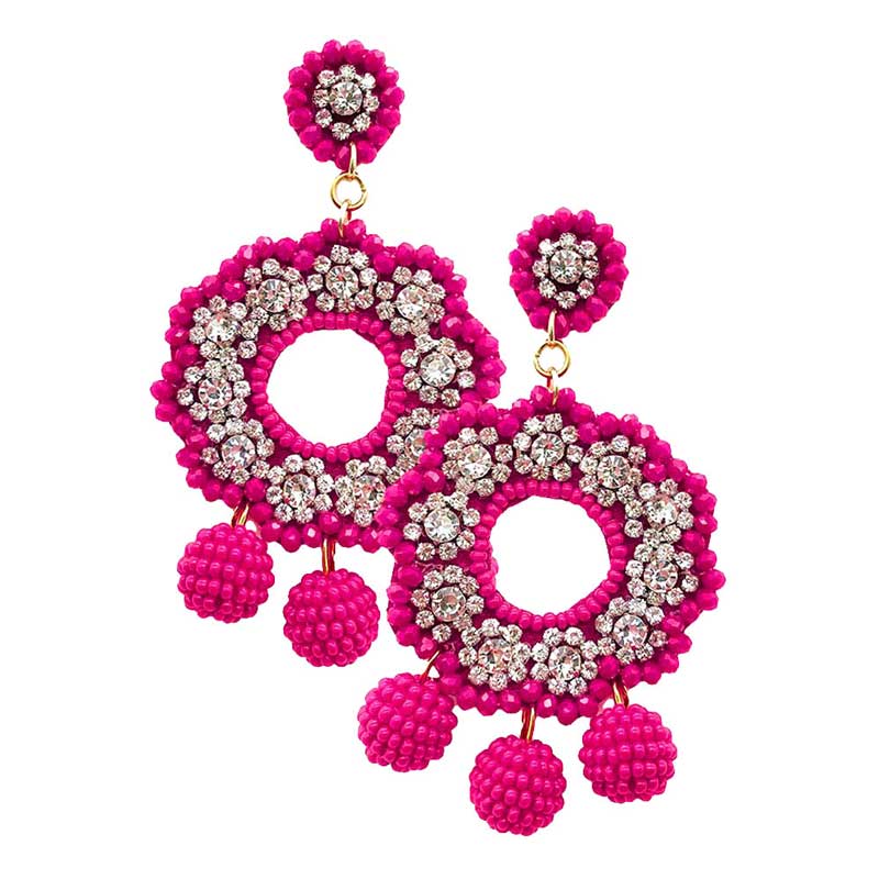 Fuchsia Felt Back Stone Embellished Beaded Ball Link Dangle Earring, versatile enough for wearing straight through the week, perfectly lightweight for all-day wear, coordinate with any ensemble from business casual to everyday wear, the perfect addition to every outfit. Adds a touch of nature-inspired beauty to your look. Wear this earring to a wedding, an engagement, a prom, or any other occasion where you wish to appear more charming.