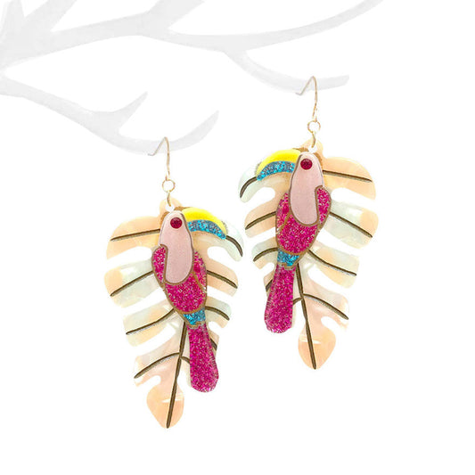 Fuchsia Glittered Resin Toucan Tropical Leaf Layered Dangle Earring, Beautifully crafted design adds a gorgeous glow to your outfit. Jewelry that fits your lifestyle! Perfect Birthday Gift, Anniversary Gift, Mother's Day Gift, Anniversary Gift, Graduation Gift, Prom Jewelry, Just Because Gift, Christmas, Thank you Gift.