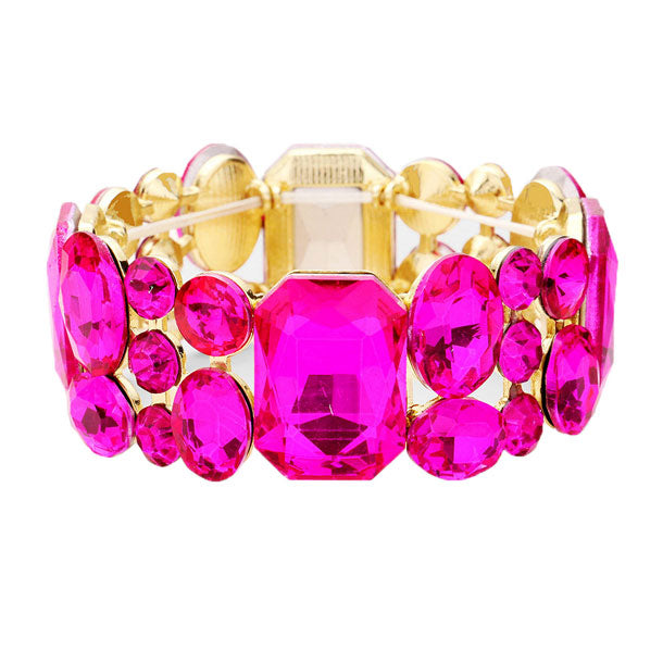 Fuchsia Gold Emerald Cut Crystal Accented Stretch Evening Bracelet, Get ready with these Stretch Bracelet, put on a pop of color to complete your ensemble. Perfect for adding just the right amount of shimmer & shine and a touch of class to special events. Perfect Birthday Gift, Anniversary Gift, Mother's Day Gift, Graduation Gift.