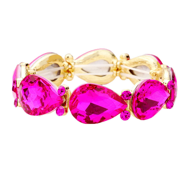 Fuchsia Gold Glass Crystal Teardrop Accented Stretch Evening Bracelet, Get ready with these Stretch Bracelet, put on a pop of color to complete your ensemble. Perfect for adding just the right amount of shimmer & shine and a touch of class to special events. Perfect Birthday Gift, Anniversary Gift, Mother's Day Gift, Graduation Gift.