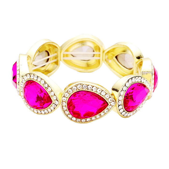 Fuchsia Gold Rhinestone Trim Teardrop Crystal Stretch Evening Bracelet, Get ready with these Stretch Bracelet, put on a pop of color to complete your ensemble. Perfect for adding just the right amount of shimmer & shine and a touch of class to special events. Perfect Birthday Gift, Anniversary Gift, Mother's Day Gi
