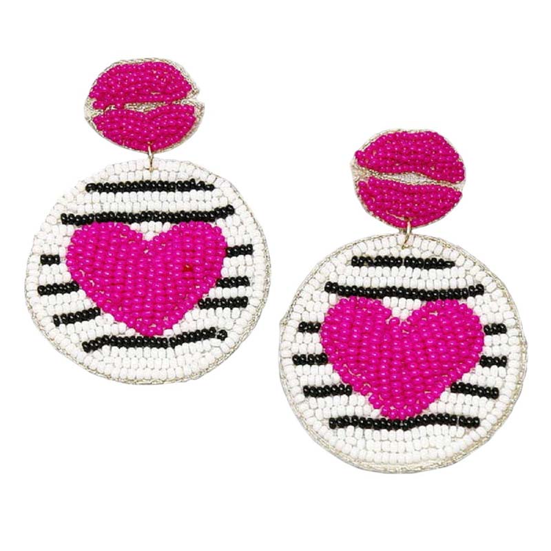 Fuchsia Heart And Lips Seed Bead Disc Earrings, These are a perfect and fun look for Valentine’s Day! jewelry that fits your lifestyle! Luminous heart lips design and Seed Beaded give these earrings an elegant look to make you stand out on any occasion. These Valentine's Day heart lips earrings can be given as a sweet gift to your family and friends on Christmas, Valentine's Day, birthday, anniversary, or other meaningful festivals.