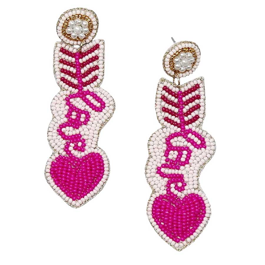 Fuchsia Heart Arrow With Love Seed Bead Earrings, Take your love for statement accessorizing to a new level of affection with these seed-beaded earrings. Accent all of your dresses with the extra fun vibrant color with these heart arrows with love beaded earrings. Wear these lovely earrings to make you stand out from the crowd & show your trendy choice this valentine.
