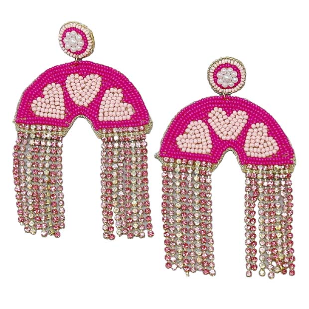 Fuchsia Heart Rainbow With Rhinestone Fringe Seed Bead Earrings, Take your love for statement accessorizing to a new level of affection with these beaded fringe rainbow earrings. Accent all of your dresses with the extra fun vibrant color with these rainbow earrings. Wear these lovely earrings to make you stand out from the crowd & show your trendy choice this valentine.