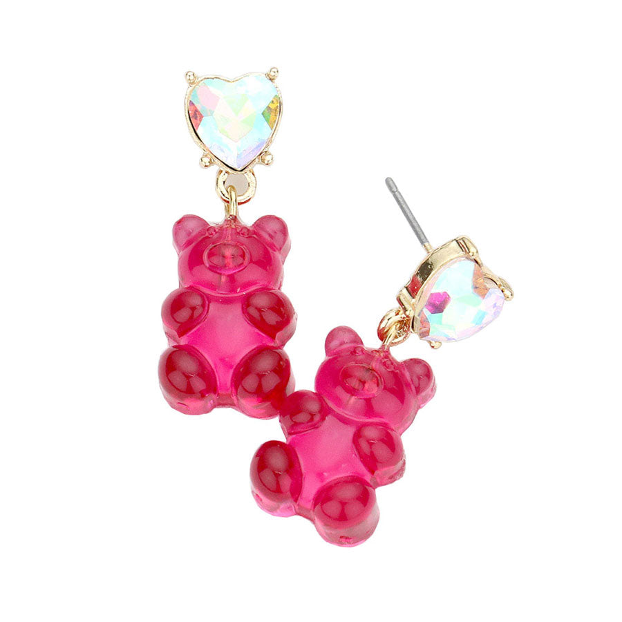 Fuchsia Heart Stone Gummy Bear Dangle Earrings. Jewelry that fits your lifestyle! Perfect Birthday Gift, Anniversary Gift, Mother's Day Gift, Anniversary Gift, Graduation Gift, Prom Jewelry, Just Because Gift, Thank you Gift.