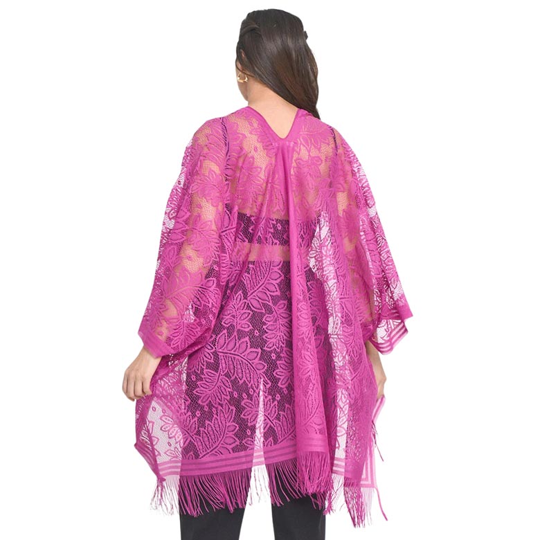 Fuchsia Leaf Lace Cover Up Kimono Poncho, an attractive pearl embellished Poncho that is made of soft and breathable material, amps up your beauty with a perfect attraction everywhere. Its eye-catchy design makes you stand out every time. Perfect Gift for Wife, Mom, lover, and care for their Birthday, Fun Night Out, etc.